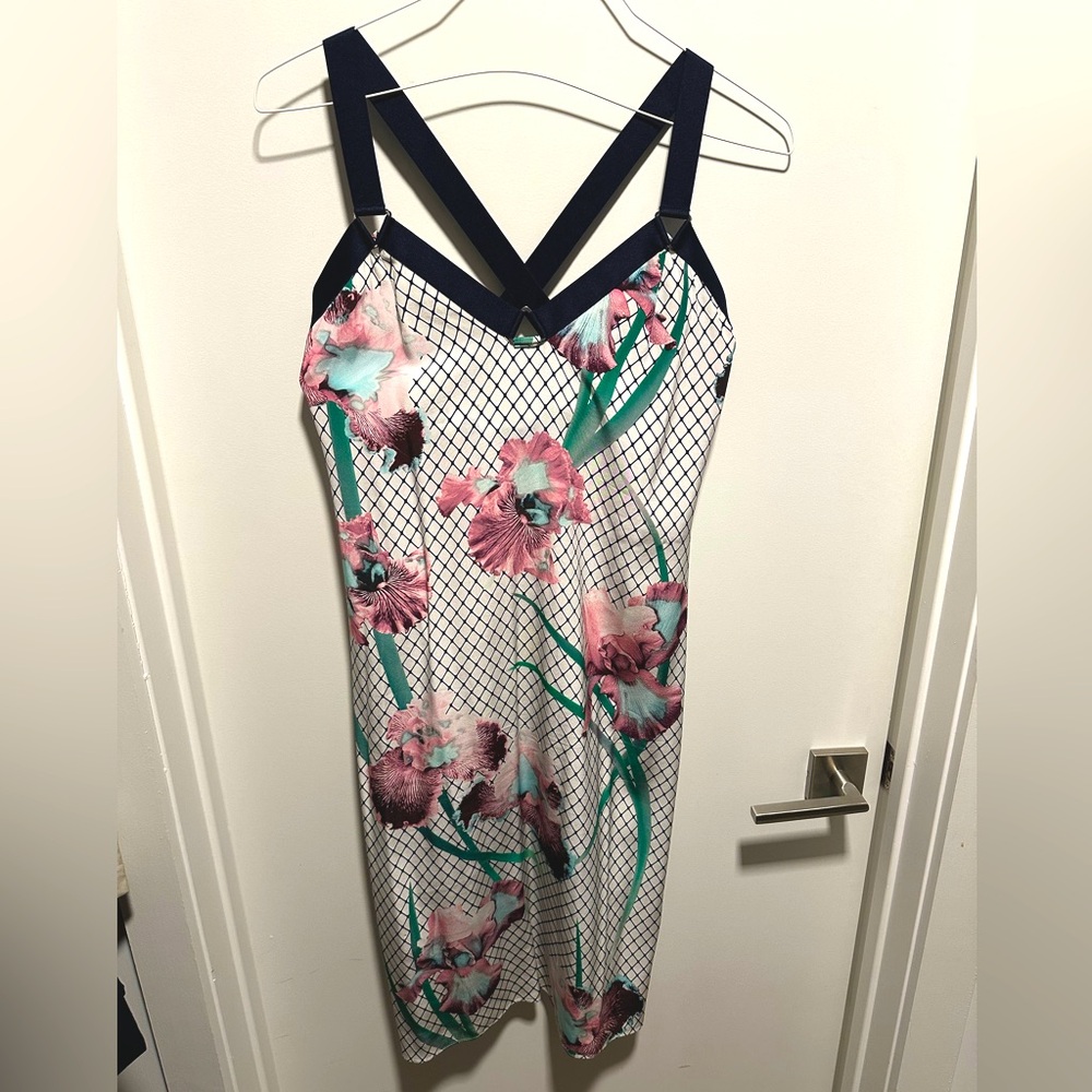 Fleur Du Mal Silk Floral Print Midi Dress – Strappy Cross-Back Detail. Size M